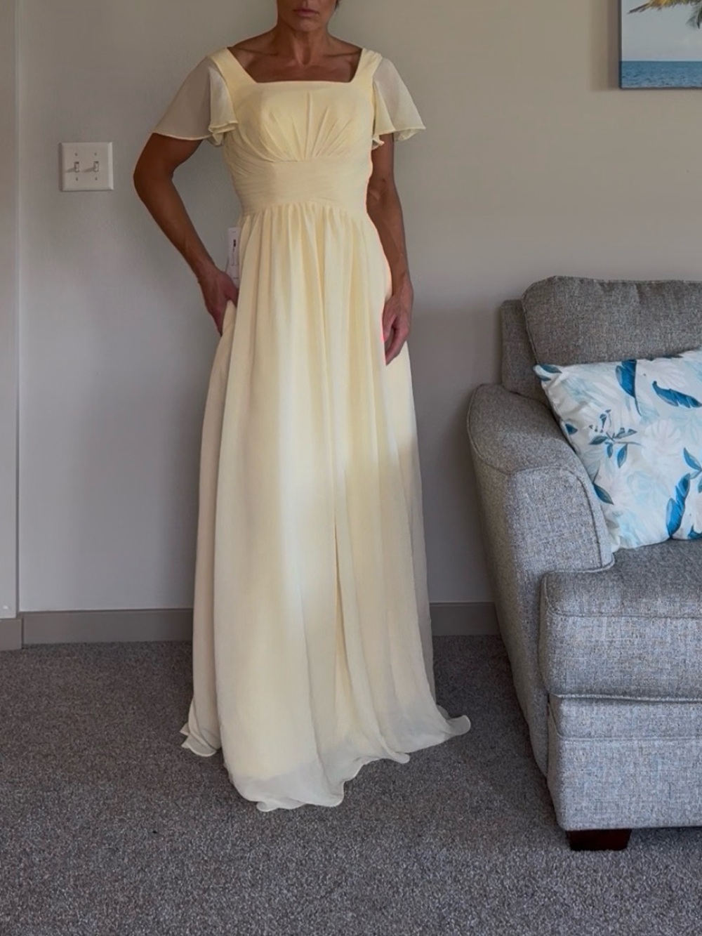 Elegant Light Yellow Square-Neck Maxi Dress